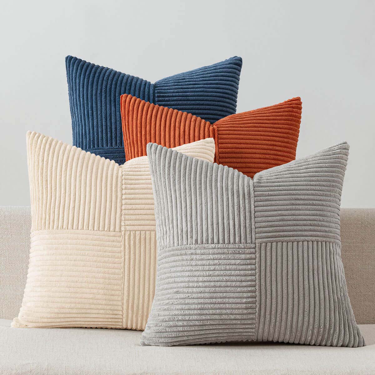 Patchwork Corduroy Farmhouse Pillow Covers Blue Rust 20x20-inch