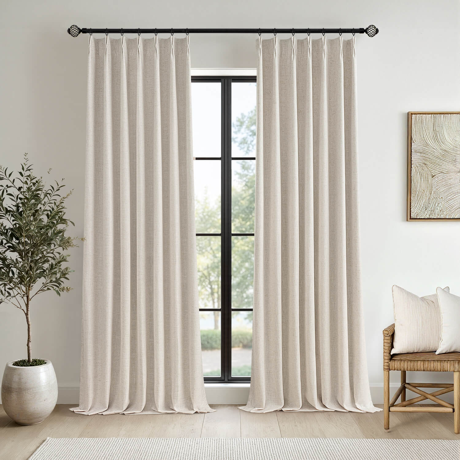 MIULEE Beige Pinch Pleated 100% Blackout Linen Curtains 90 Inch Length 2 Panels Set, Pleat Curtains with Pin Hooks, Black Out Light Blocking Room Darkening Drapes for Bedroom Living Room Window