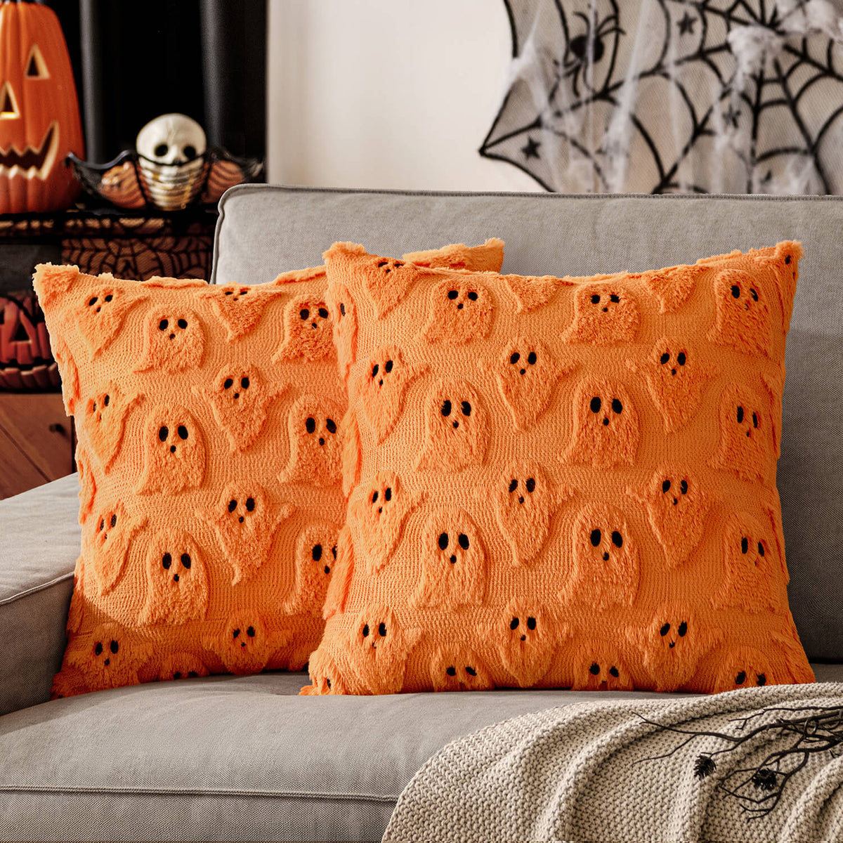 MIULEE Halloween Pillow Covers Ghost Spooky Throw Pillows Set of 2 Soft Plush Faux Fur Fall Decorative Cushion Covers for Couch Sofa Bed Living Room Autumn Halloween Decor 18x18 inch Orange