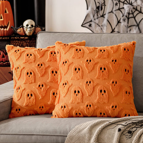 MIULEE Halloween Pillow Covers Ghost Spooky Throw Pillows Set of 2 Soft Plush Faux Fur Fall Decorative Cushion Covers for Couch Sofa Bed Living Room Autumn Halloween Decor 18x18 inch Orange