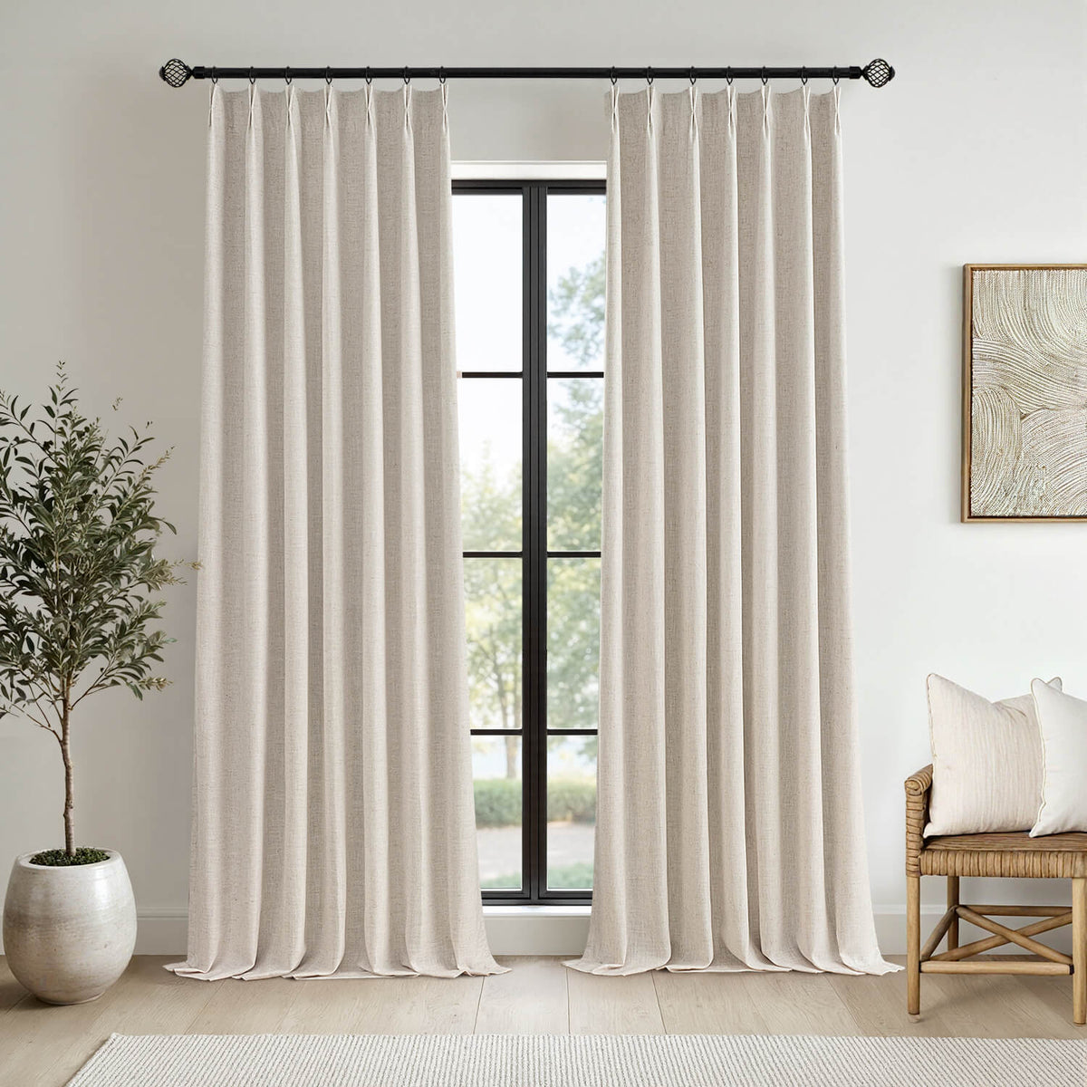 MIULEE Beige Pinch Pleated 100% Blackout Linen Curtains 102 Inch Length 2 Panels Set, Pleat Curtains with Pin Hooks, Black Out Light Blocking Room Darkening Drapes for Bedroom Living Room Window