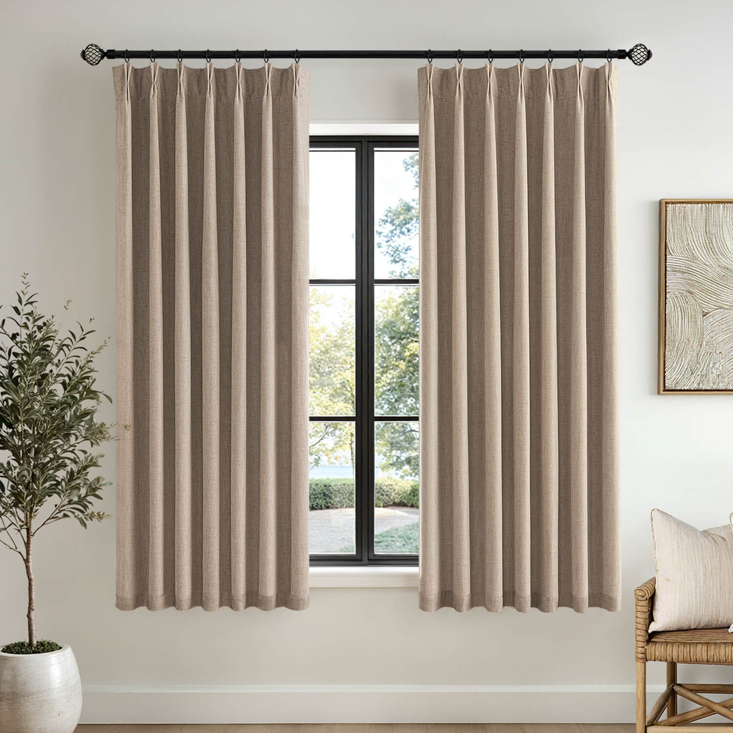 MIULEE Copper Brown Pinch Pleated 100% Blackout Linen Curtains for Bedroom, Room Darkening Light Blocking Window Curtain 63 inches Long for Living Room, Black Out Pleat Drapes with Pin Hooks, 2 Panels