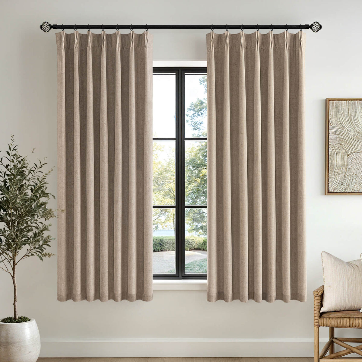 MIULEE Copper Brown Pinch Pleated 100% Blackout Linen Curtains for Bedroom, Room Darkening Light Blocking Window Curtain 63 inches Long for Living Room, Black Out Pleat Drapes with Pin Hooks, 2 Panels