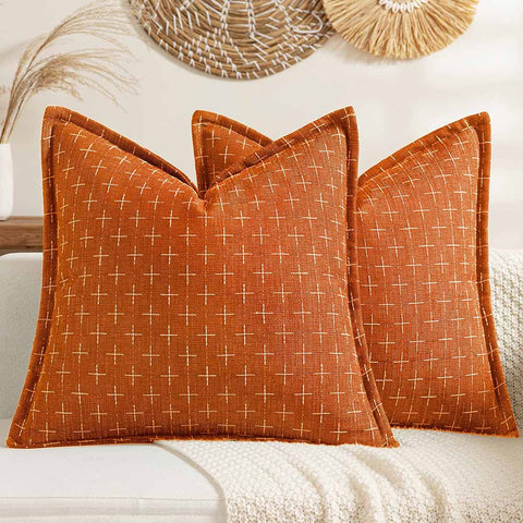 Fall Decorative Farmhouse Burlap Linen Fall Throw Pillows Covers  Rust 24x24-inch