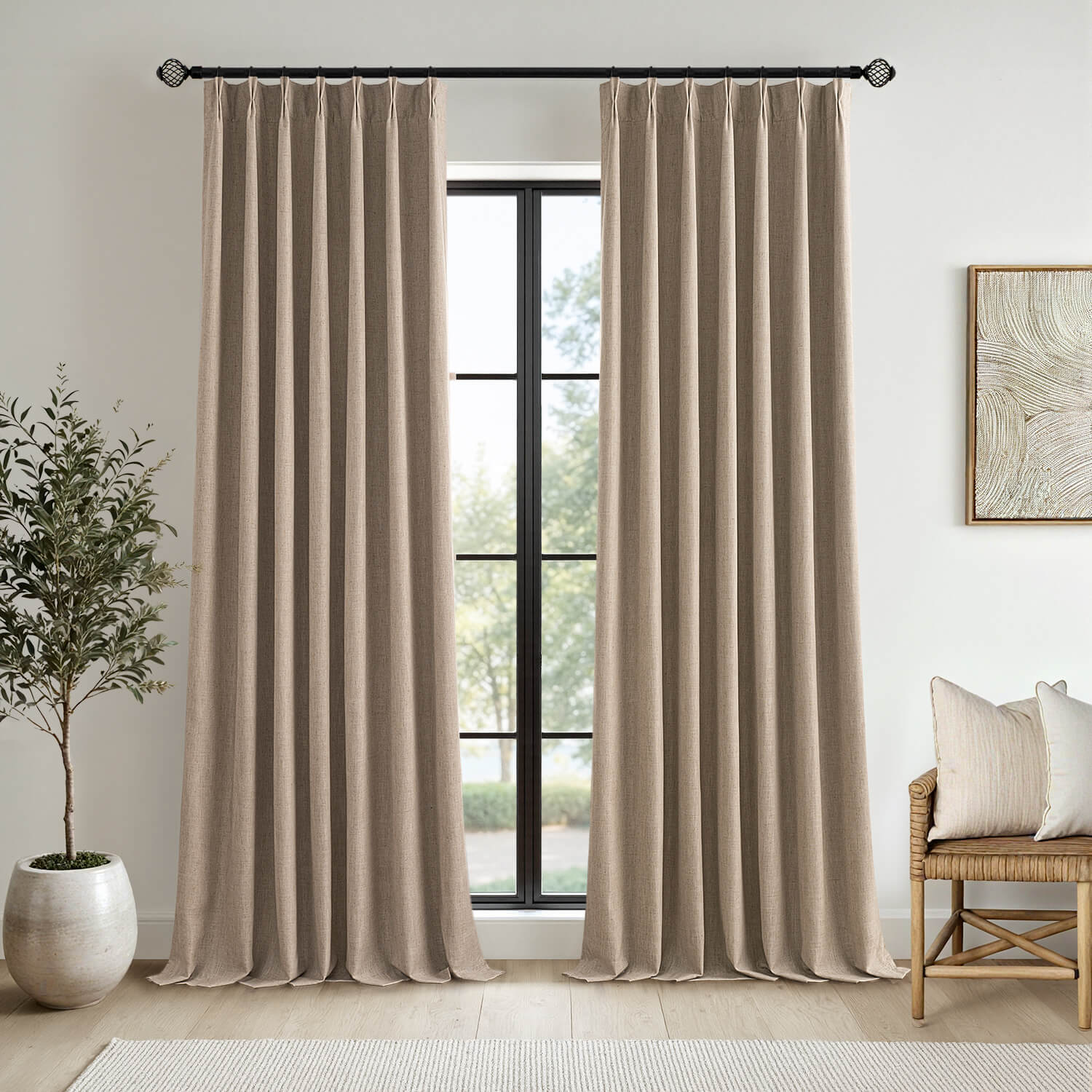 MIULEE Copper Brown Pinch Pleated 100% Blackout Linen Curtains 102 Inch Length 2 Panels Set, Pleat Curtain with Pin Hooks, Black Out Light Blocking Room Darkening Drapes for Bedroom Living Room Window