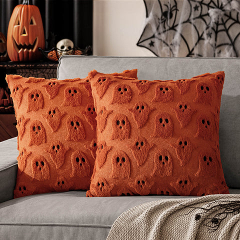 MIULEE Halloween Pillow Covers Ghost Spooky Throw Pillows Set of 2 Soft Plush Faux Fur Fall Decorative Cushion Covers for Couch Sofa Bed Living Room Autumn Halloween Decor 18x18 inch Burnt Orange