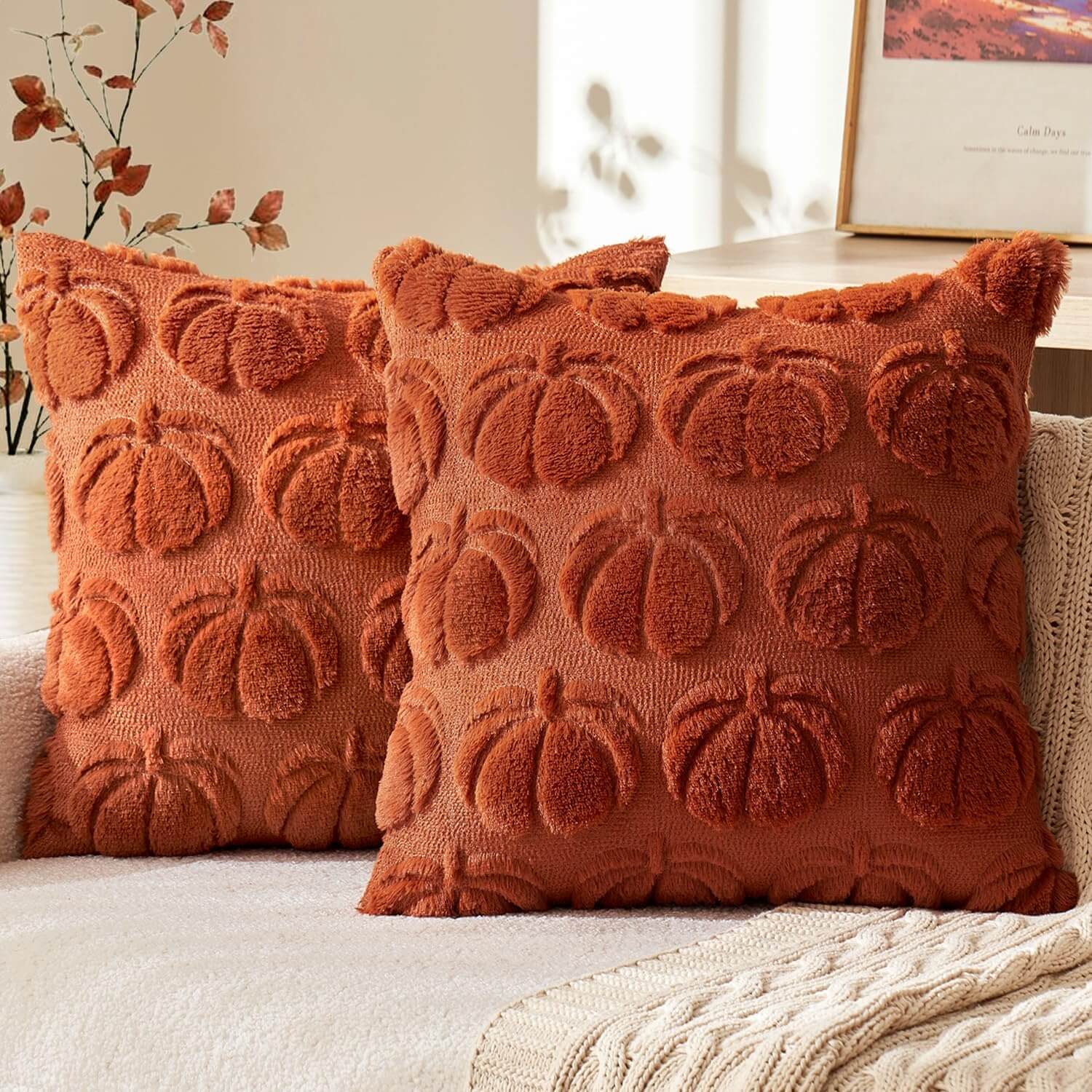 MIULEE Fall Pillow Covers 20x20 Set of 2 Autumn Decorations Rust Pumpkin Throw Pillow Covers for Sofa Couch Bed Living Room Soft Plush Faux Fur Pillowcases Rustic Farmhouse Home Decor