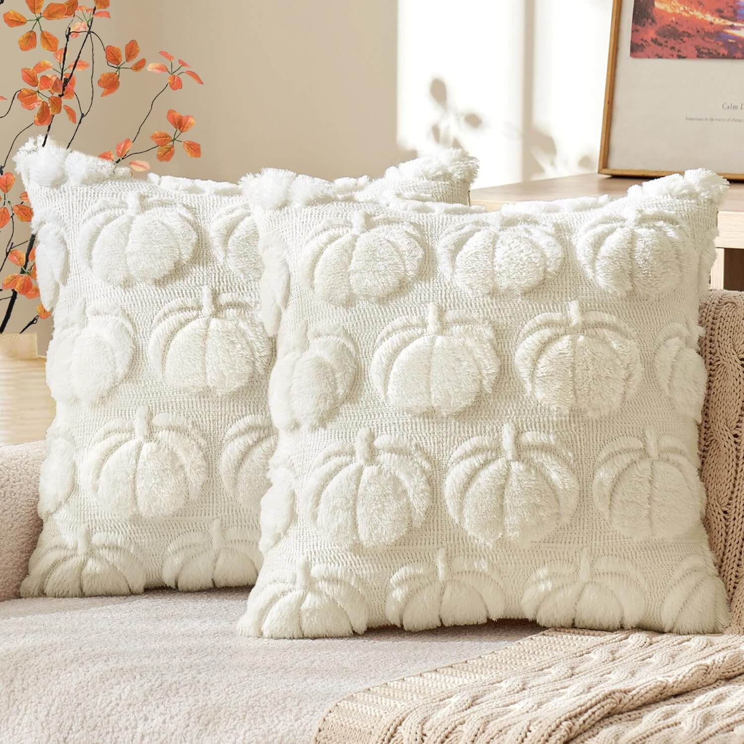 MIULEE Fall Pillow Covers 18x18 Set of 2 Autumn Decorations Cream White Pumpkin Throw Pillow Covers for Sofa Couch Bed Living Room Soft Plush Faux Fur Pillowcases Rustic Farmhouse Home Decor