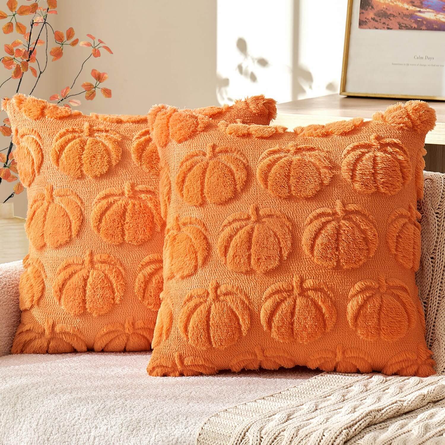 MIULEE Fall Pillow Covers 20x20 Set of 2 Autumn Decorations Orange Pumpkin Throw Pillow Covers for Sofa Couch Bed Living Room Soft Plush Faux Fur Pillowcases Rustic Farmhouse Home Decor