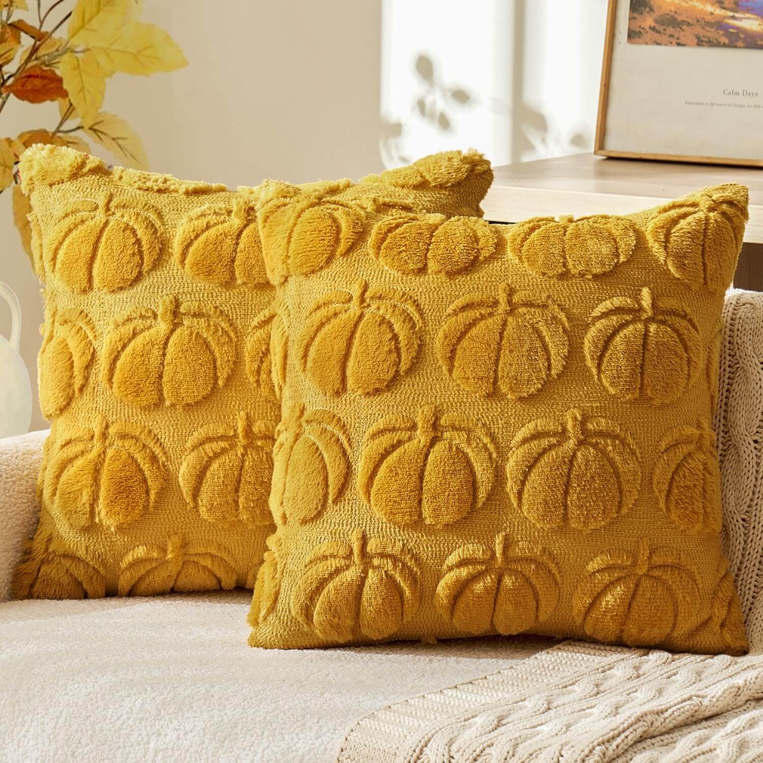 MIULEE Fall Pillow Covers 18x18 Set of 2 Autumn Decorations Mustard Yellow Pumpkin Throw Pillow Covers for Sofa Couch Bed Living Room Soft Plush Faux Fur Pillowcases Rustic Farmhouse Home Decor