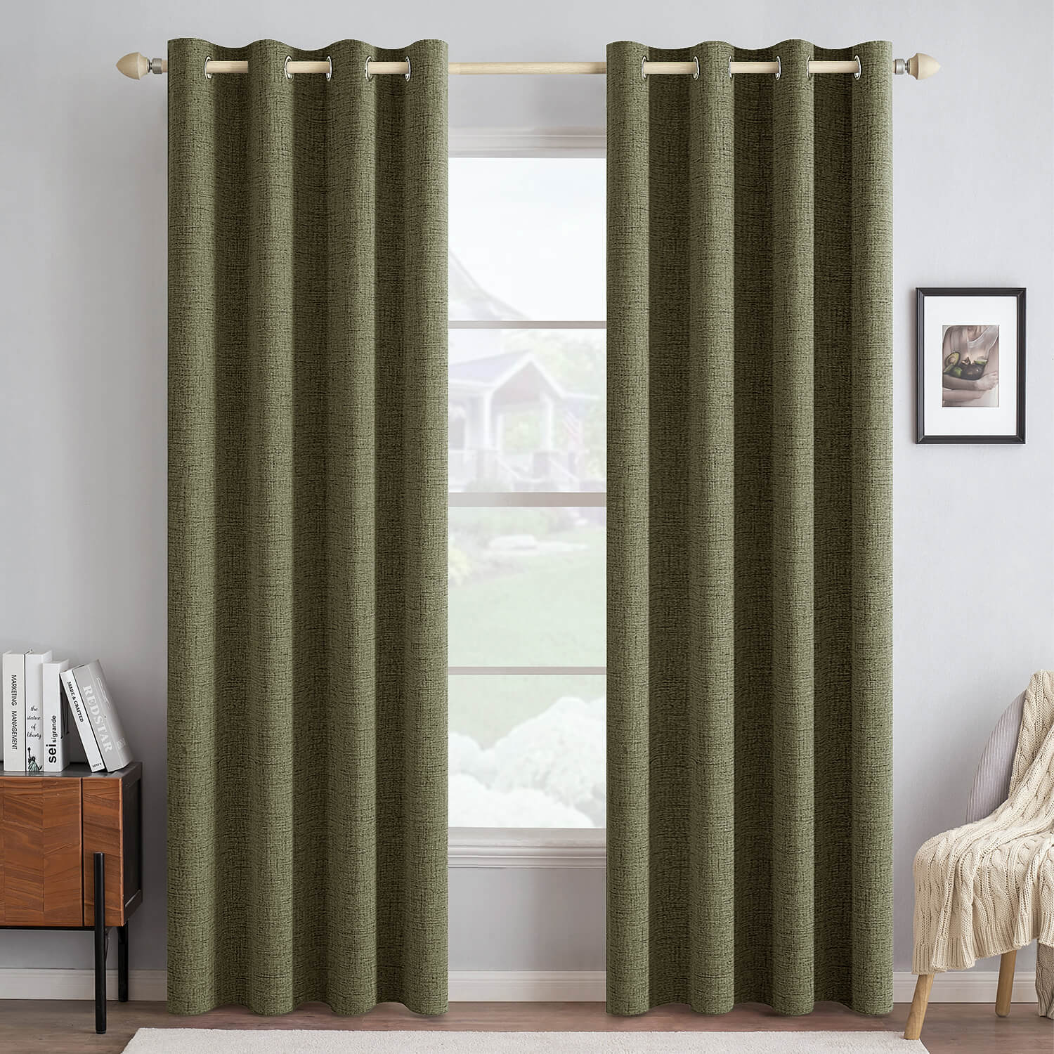 MIULEE Linen Texture Curtains for Bedroom Solid 100% Blackout Thermal Insulated Light Olive Green Curtains Grommet Room Darkening Drapes for Living Room Nursery 52x96 Inch (2 Panels)