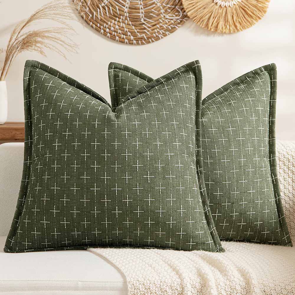 Fall Decorative Farmhouse Burlap Linen Fall Throw Pillows Covers  Olive Green 22x22-inch
