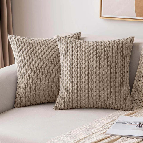 MIULEE Throw Pillow Covers Soft Corduroy Decorative Eruo Sham Set of 2 Boho Striped Pillow Covers 24x24 Inch Light Brown