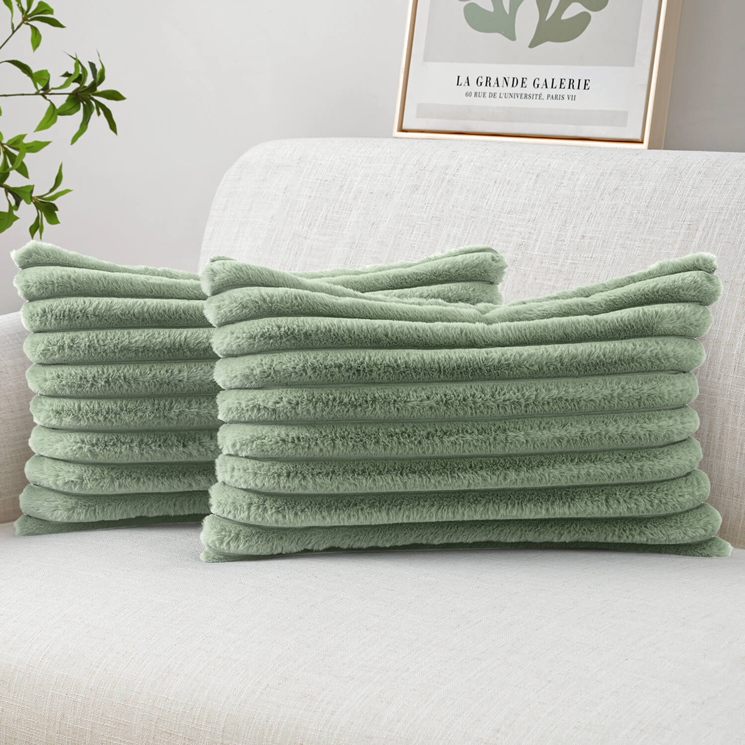 MIULEE Faux Fur Lumbar Decorative Throw Pillow Covers 12x20 Inch Set of 2, Modern Spring Home Decor Soft Plush Couch Pillows Cozy Fluffy Cushion Covers for Sofa Bed Sage Green