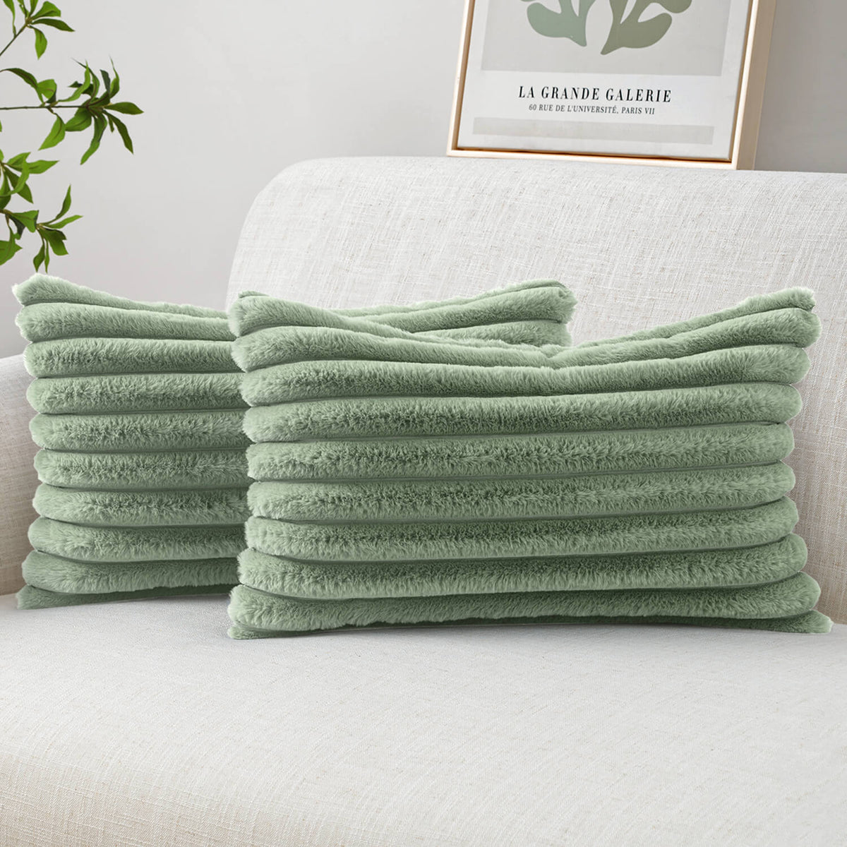 MIULEE Faux Fur Lumbar Decorative Throw Pillow Covers 12x20 Inch Set of 2, Modern Spring Home Decor Soft Plush Couch Pillows Cozy Fluffy Cushion Covers for Sofa Bed Sage Green