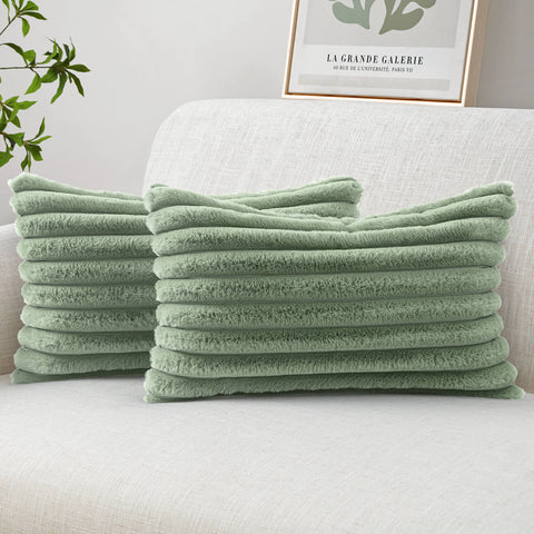 MIULEE Faux Fur Lumbar Decorative Throw Pillow Covers 12x20 Inch Set of 2, Modern Spring Home Decor Soft Plush Couch Pillows Cozy Fluffy Cushion Covers for Sofa Bed Sage Green