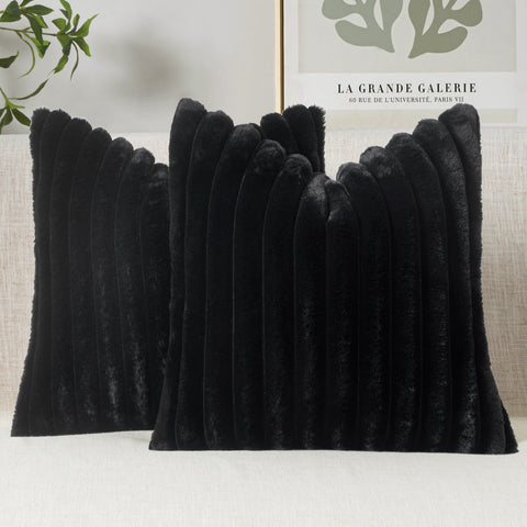 MIULEE Faux Fur Decorative Throw Pillow Covers 18x18 Inch Set of 2, French Modern Art Home Decor Soft Plush Couch Pillows Cozy Fluffy Cushion Covers for Sofa Bed Black