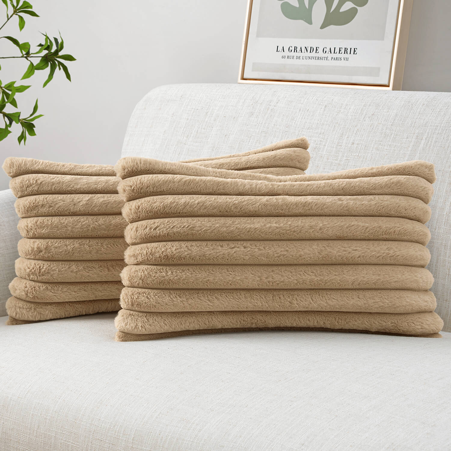 MIULEE Faux Fur Lumbar Decorative Throw Pillow Covers 12x20 Inch Set of 2, Modern Spring Home Decor Soft Plush Couch Pillows Cozy Fluffy Cushion Covers for Sofa Khaki