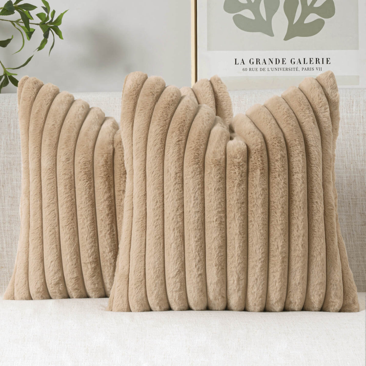 MIULEE Faux Fur Decorative Throw Pillow Covers 20x20 Inch Set of 2, Modern Spring Home Decor Soft Plush Couch Pillows Cozy Fluffy Cushion Covers for Sofa Khaki