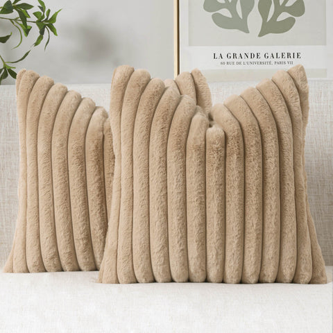 MIULEE Faux Fur Decorative Throw Pillow Covers 20x20 Inch Set of 2, Modern Spring Home Decor Soft Plush Couch Pillows Cozy Fluffy Cushion Covers for Sofa Khaki