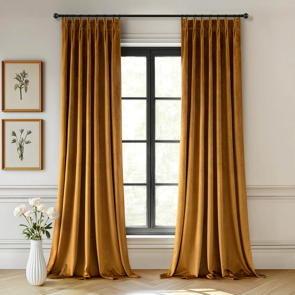 MIULEE Velvet Pinch Pleated Blackout Curtains 90 inches Long, Gold Brown Pleat Design Thermal Insulated Luxury Window Drapes for Living Room Bedroom with Hooks, Set of 2