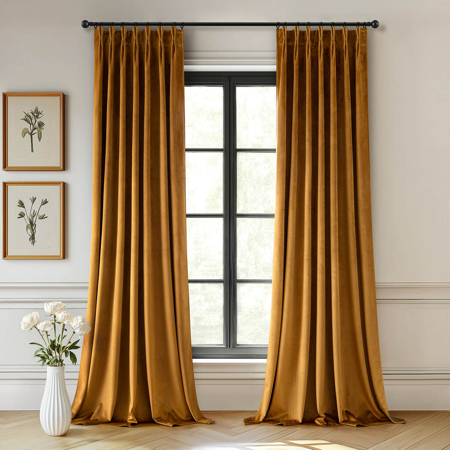 MIULEE Velvet Pinch Pleated Blackout Curtains 96 inches Long, Gold Brown Pleat Design Thermal Insulated Luxury Window Drapes for Living Room Bedroom with Hooks, Set of 2