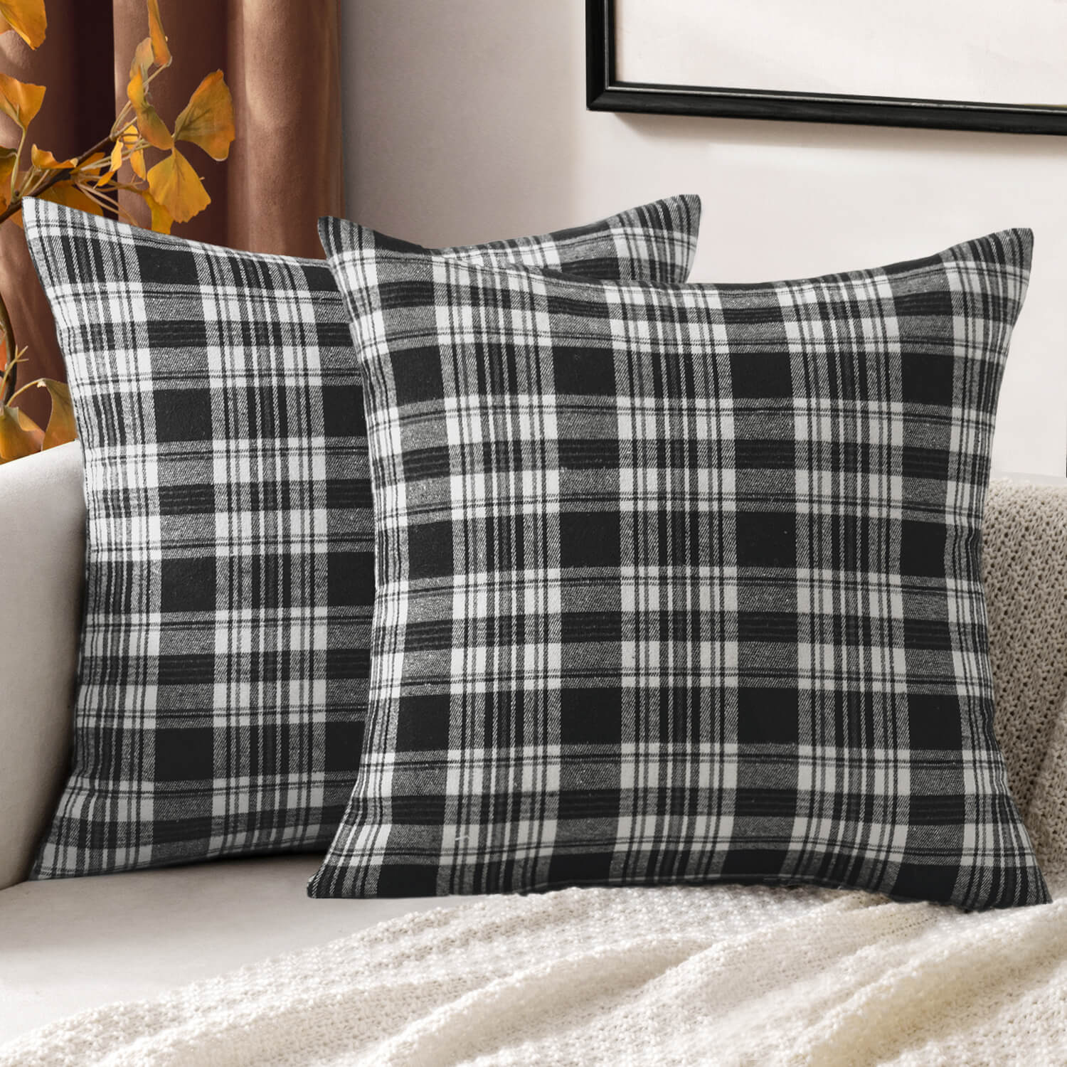 MIULEE Fall Set of 2 Scottish Tartan Plaid Throw Pillow Covers Farmhouse Classic Decorative Square Cushion Cases for Decor Sofa Couch 18x18 Inch, Black and White