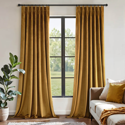 MIULEE Gold Velvet Blackout Curtains 84 inches Long, Pinch Pleated Drapes with Hooks, Thermal Insulated Pleat Design Luxury Panels for Living Room Bedroom, Set of 2