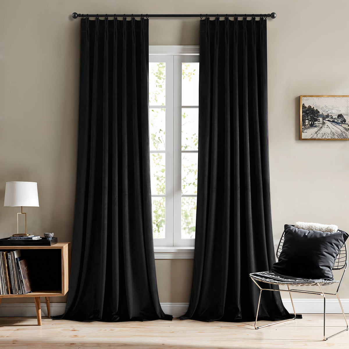 MIULEE Pinch Pleated Black Velvet Blackout Curtains 90 inches Long, Thermal Insulated Pinch Pleat Drapes with Hooks, Luxury Halloween Window Panels for Bedroom Living Room, 2 Panels