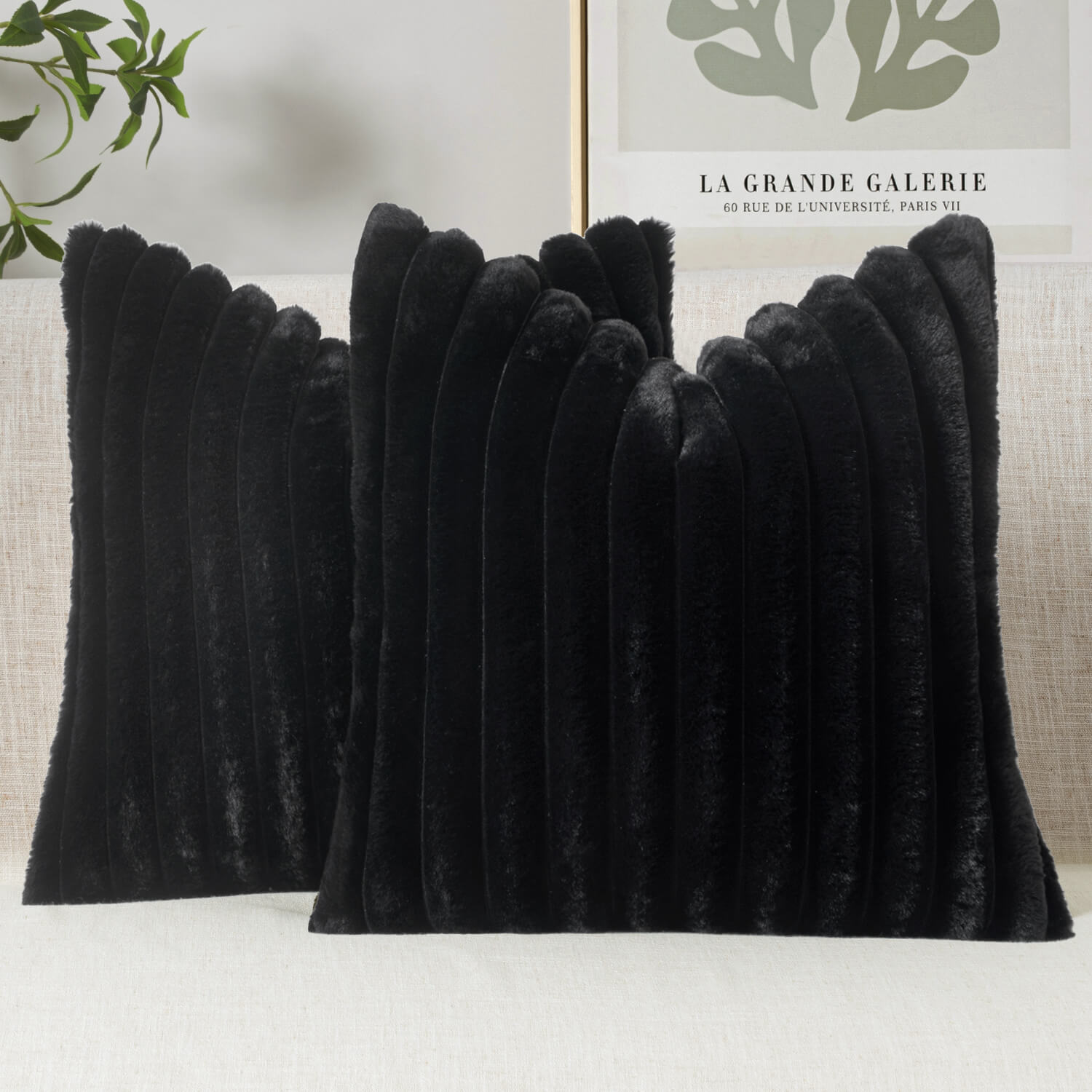 MIULEE Faux Fur Decorative Throw Pillow Covers 20x20 Inch Set of 2, French Modern Art Home Decor Soft Plush Couch Pillows Cozy Fluffy Cushion Covers for Sofa Bed Black
