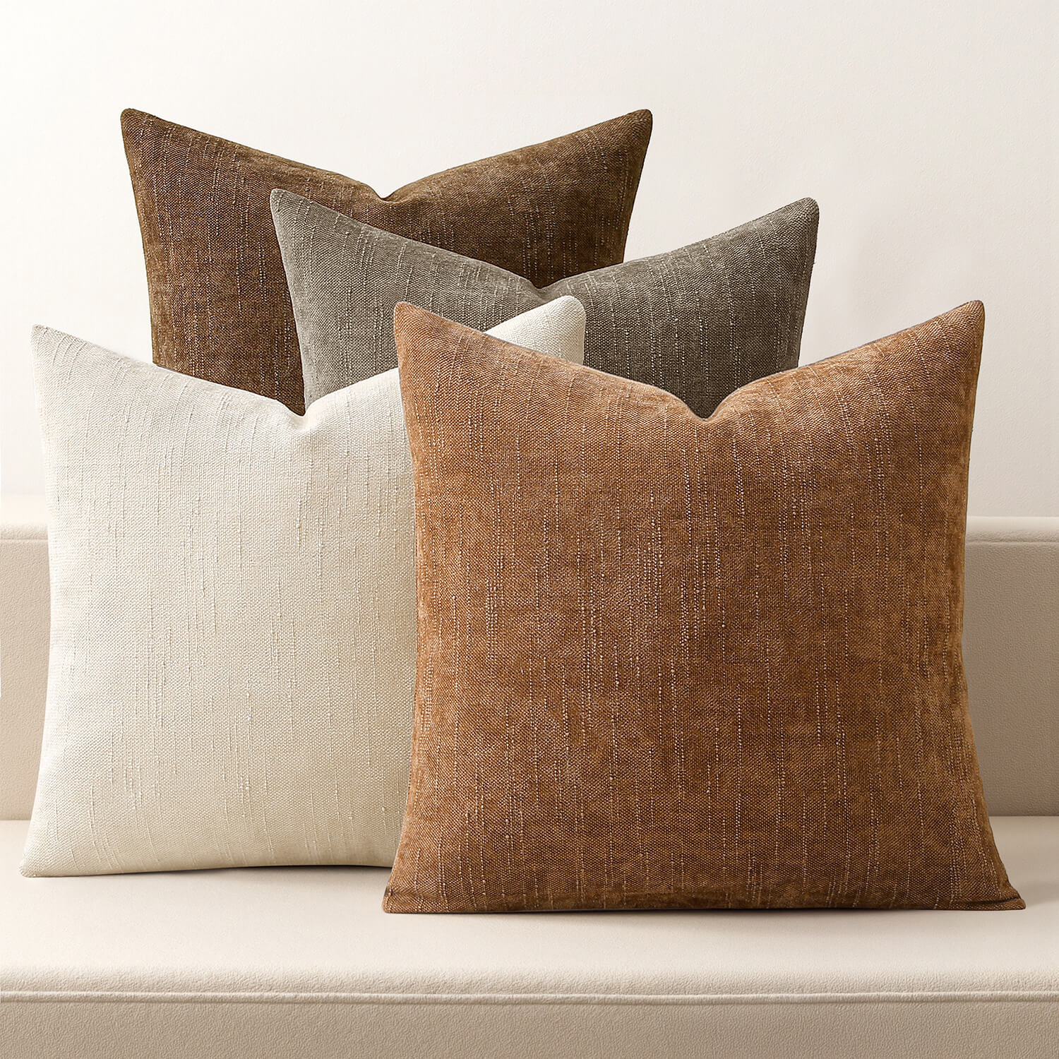 MIULEE Set of 4 Decorative Throw Pillow Covers Soft Couch Chenille Pillows Farmhouse Accent Cushion Covers for Sofa Bed Living Room Brown 20x20 Inch