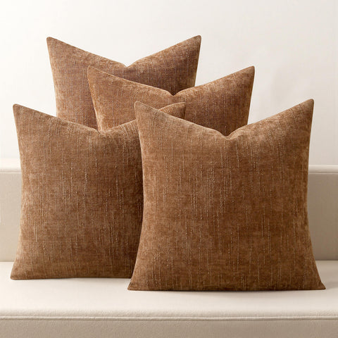 MIULEE Set of 4 Decorative Throw Pillow Covers Soft Couch Chenille Pillows Farmhouse Accent Cushion Covers for Sofa Bed Living Room Camel 18x18 Inch