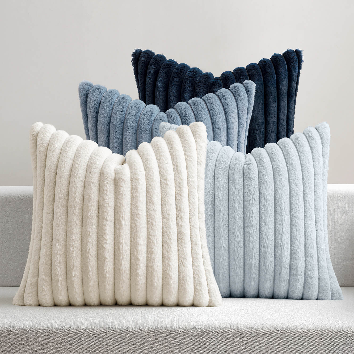 MIULEE?Faux Fur Plush?Decorative Throw Pillow Covers 18x18 Set of 4, Modern Soft Fuzzy Striped Cushion Covers for Sofa Couch Bed Living Room Cozy Home Decor,Navy Blue