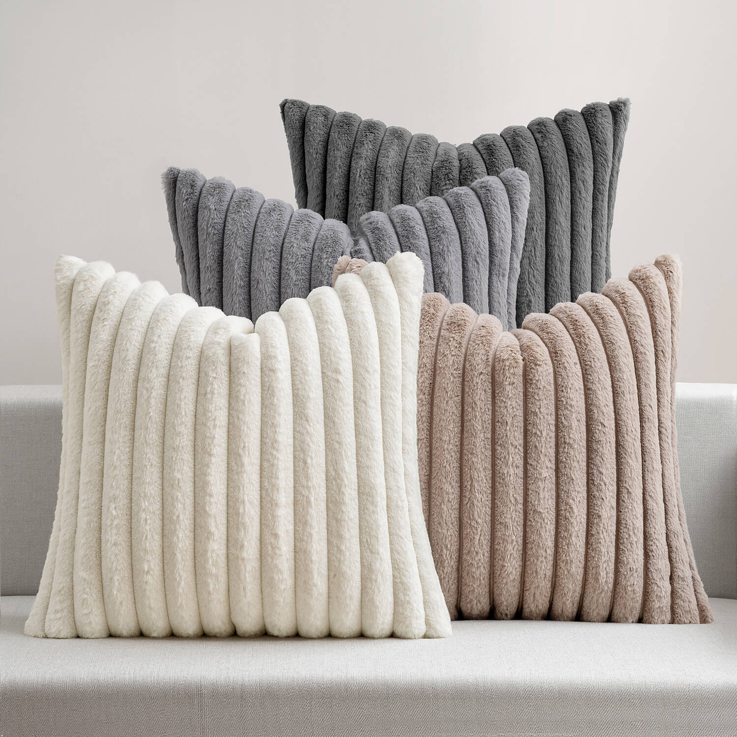 MIULEE?Faux Fur Plush?Decorative Throw Pillow Covers 18x18 Set of 4, Boho Farmhouse Soft Fuzzy Striped Cushion Covers for Sofa Couch Bed Living Room Modern Home Decor,Taupe