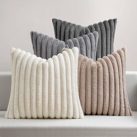 MIULEE?Faux Fur Plush?Decorative Throw Pillow Covers 18x18 Set of 4, Boho Farmhouse Soft Fuzzy Striped Cushion Covers for Sofa Couch Bed Living Room Modern Home Decor,Taupe