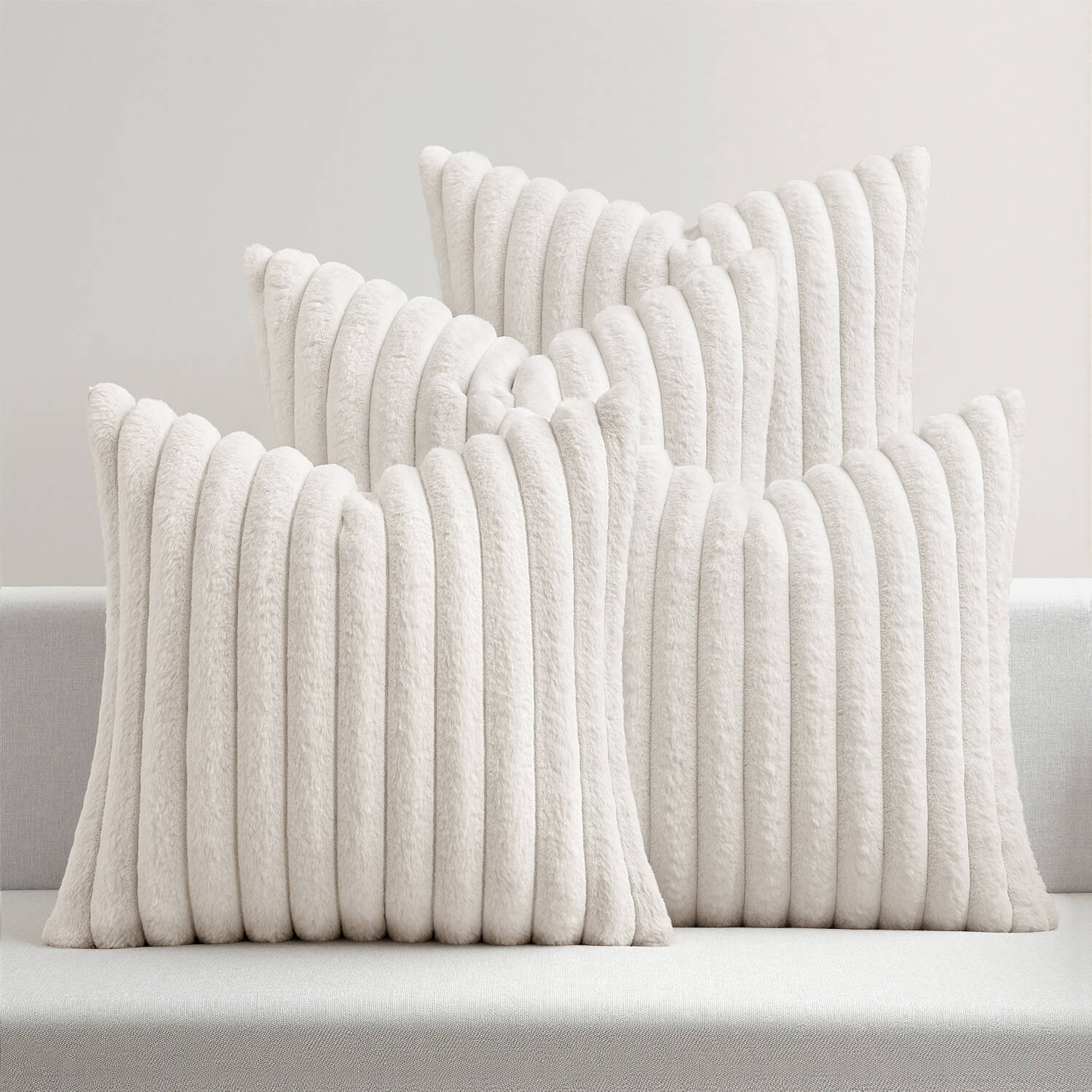 MIULEE?Faux Fur Plush?Decorative Throw Pillow Covers 18x18 Set of 4, Modern Soft Fuzzy Striped Cushion Covers for Sofa Couch Bed Living Room Cozy Home Decor,Pure White