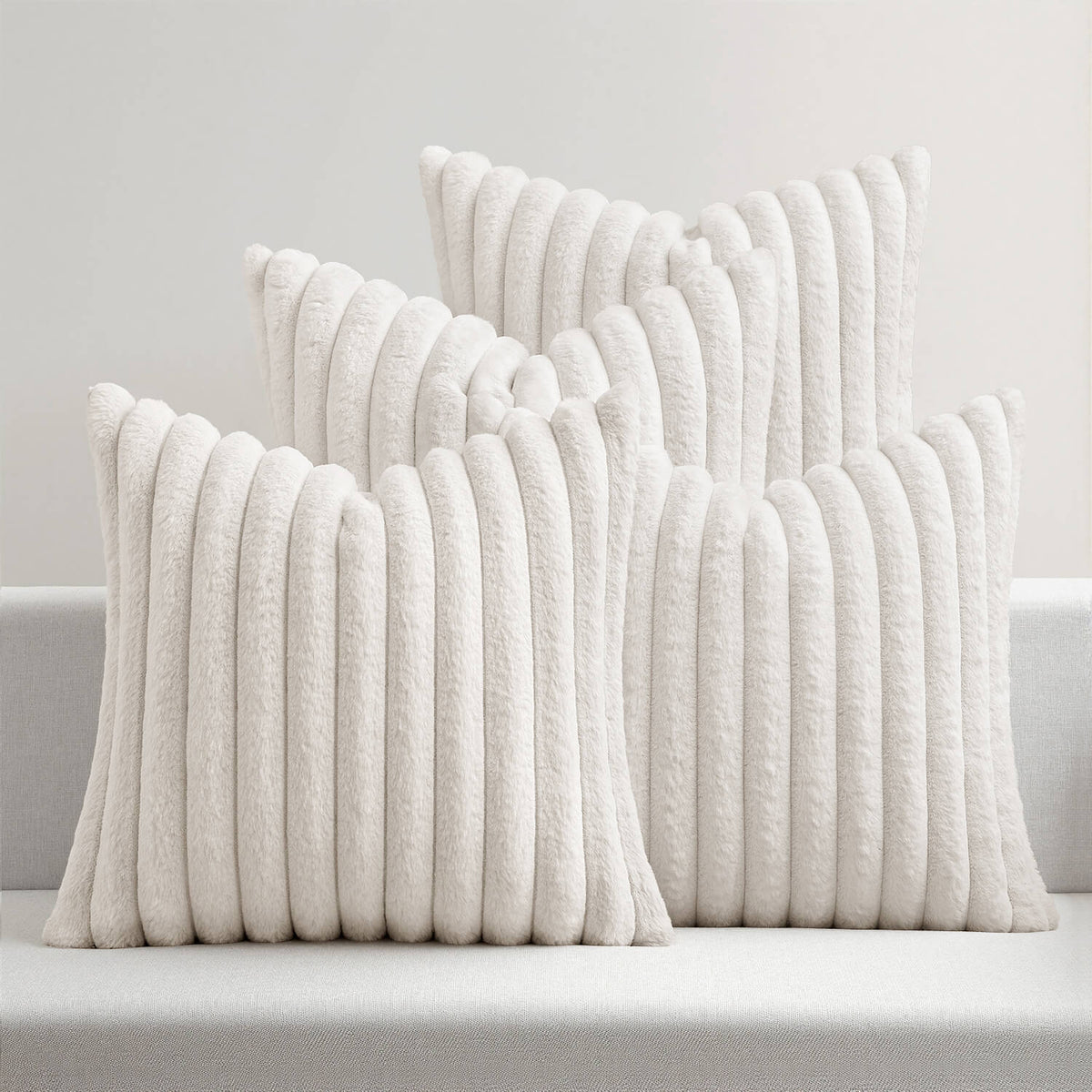 MIULEE?Faux Fur Plush?Decorative Throw Pillow Covers 18x18 Set of 4, Modern Soft Fuzzy Striped Cushion Covers for Sofa Couch Bed Living Room Cozy Home Decor,Pure White