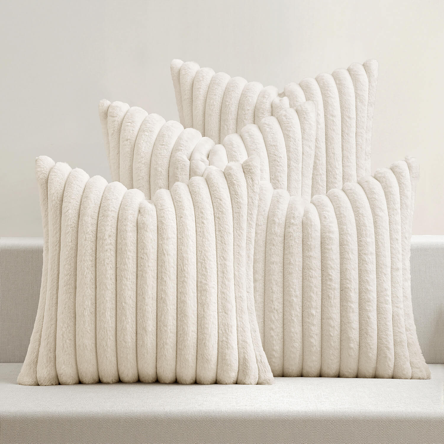 MIULEE?Faux Fur Plush?Decorative Throw Pillow Covers 18x18 Set of 4, Modern Soft Fuzzy Striped Cushion Covers for Sofa Couch Bed Living Room Cozy Home Decor,Cream White