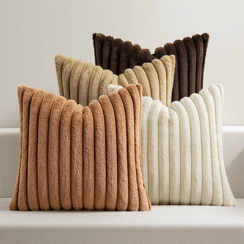 MIULEE?Faux Fur Plush?Decorative Throw Pillow Covers 18x18 Set of 4, Boho Farmhouse Soft Fuzzy Striped Cushion Covers for Sofa Couch Bed Living Room Modern Home Decor,Brown