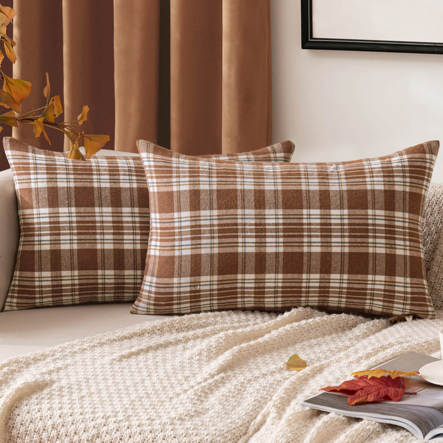 MIULEE Fall Set of 2 Scottish Tartan Plaid Lumbar Throw Pillow Covers Farmhouse Classic Decorative Square Cushion Cases for Decor Sofa Couch 12x20 Inch, Brown?and?White