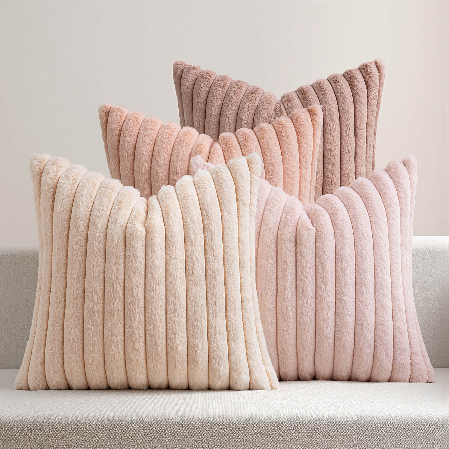 MIULEE?Faux Fur Plush?Decorative Throw Pillow Covers 18x18 Set of 4, Modern Soft Fuzzy Striped Cushion Covers for Sofa Couch Bed Living Room Cozy Home Decor,Pink