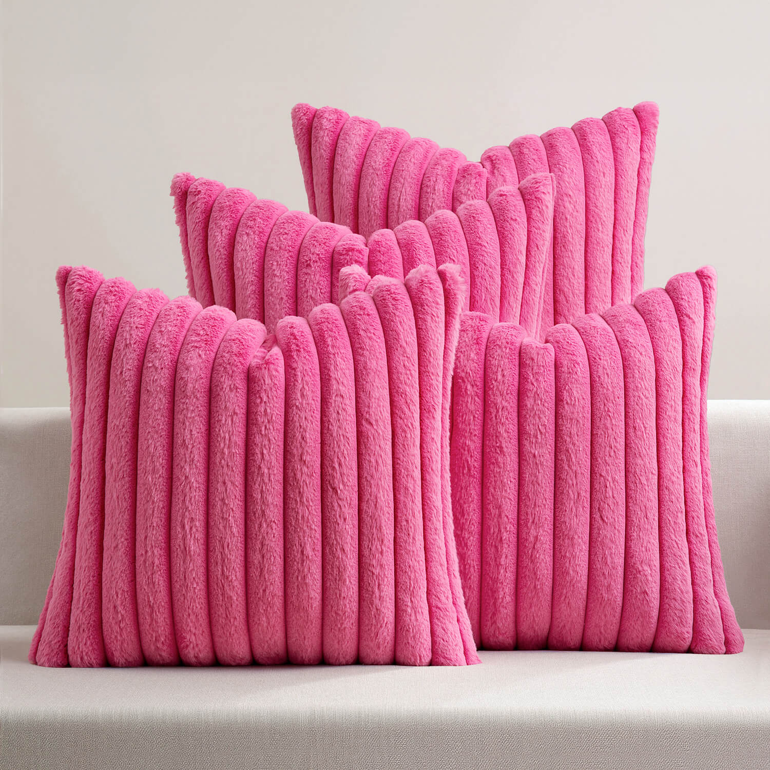 MIULEE?Faux Fur Plush?Decorative Throw Pillow Covers 18x18 Set of 4, Modern Soft Fuzzy Striped Cushion Covers for Sofa Couch Bed Living Room Cozy Home Decor,Hot Pink