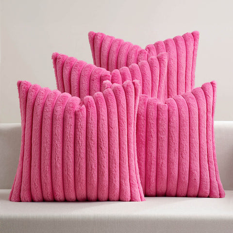 MIULEE?Faux Fur Plush?Decorative Throw Pillow Covers 18x18 Set of 4, Modern Soft Fuzzy Striped Cushion Covers for Sofa Couch Bed Living Room Cozy Home Decor,Hot Pink