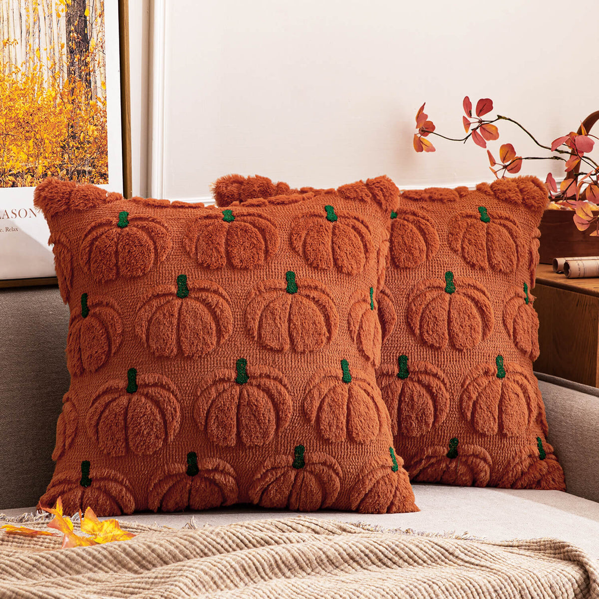 MIULEE Pumpkin Fall Throw Pillow Covers 18 x 18 Decorative Pillow Covers Soft Plush Faux Fur Couch Pillow Covers for Autumn Harvest Farmhouse Halloween Home Decor , Set of 2 Rust Green Stem