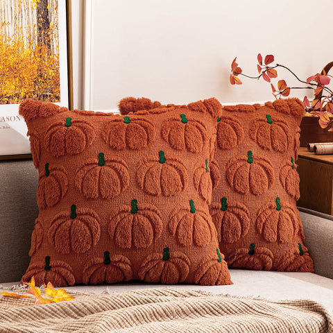 MIULEE Pumpkin Fall Throw Pillow Covers 18 x 18 Decorative Pillow Covers Soft Plush Faux Fur Couch Pillow Covers for Autumn Harvest Farmhouse Halloween Home Decor , Set of 2 Rust Green Stem