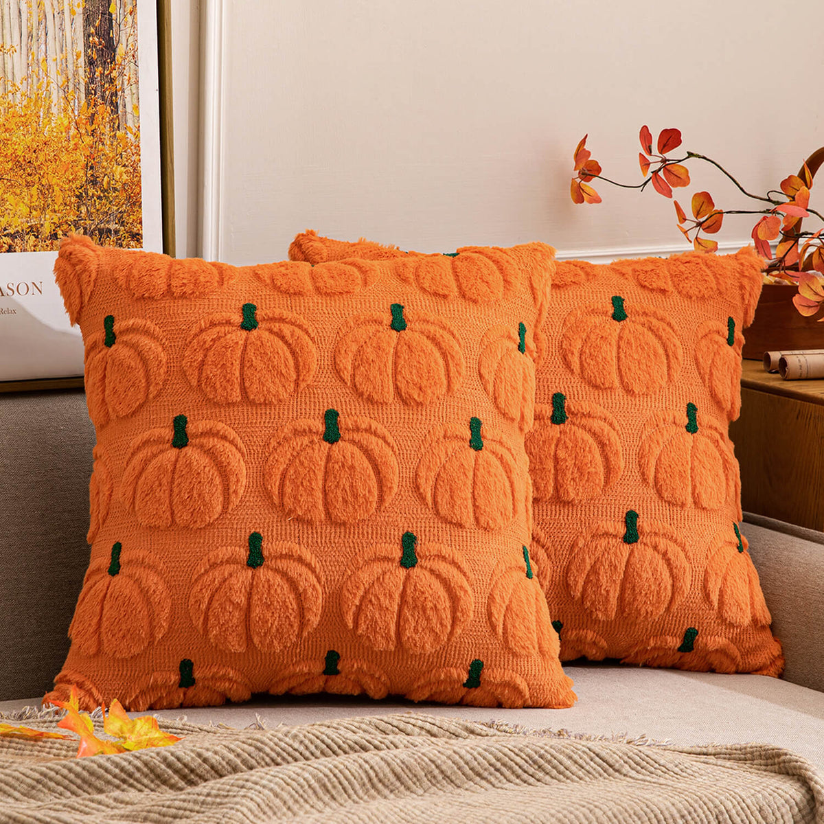 MIULEE Pumpkin Fall Throw Pillow Covers 18 x 18 Decorative Pillow Covers Soft Plush Faux Fur Couch Pillow Covers for Autumn Harvest Farmhouse Halloween Home Decor , Set of 2 Orang Green Stem