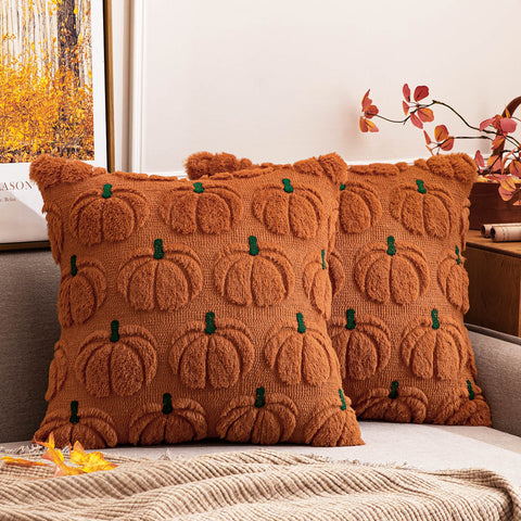 MIULEE Pumpkin Fall Throw Pillow Covers 18 x 18 Decorative Pillow Covers Soft Plush Faux Fur Couch Pillow Covers for Autumn Harvest Farmhouse Halloween Home Decor , Set of 2 Dark Rust Green Stem