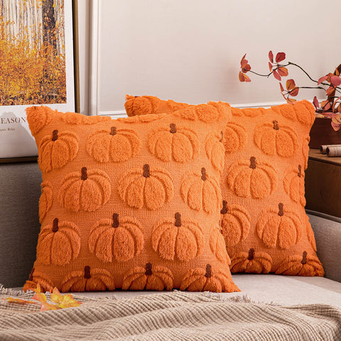 MIULEE Pumpkin Fall Throw Pillow Covers 20 x 20 Decorative Pillow Covers Soft Plush Faux Fur Couch Pillow Covers for Autumn Harvest Farmhouse Halloween Home Decor , Set of 2 Orang Brown Stem