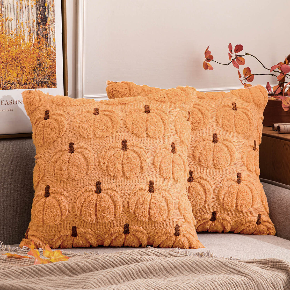 MIULEE Pumpkin Fall Throw Pillow Covers 18 x 18 Decorative Pillow Covers Soft Plush Faux Fur Couch Pillow Covers for Autumn Harvest Farmhouse Halloween Home Decor , Set of 2 Pumpkin Brown Stem
