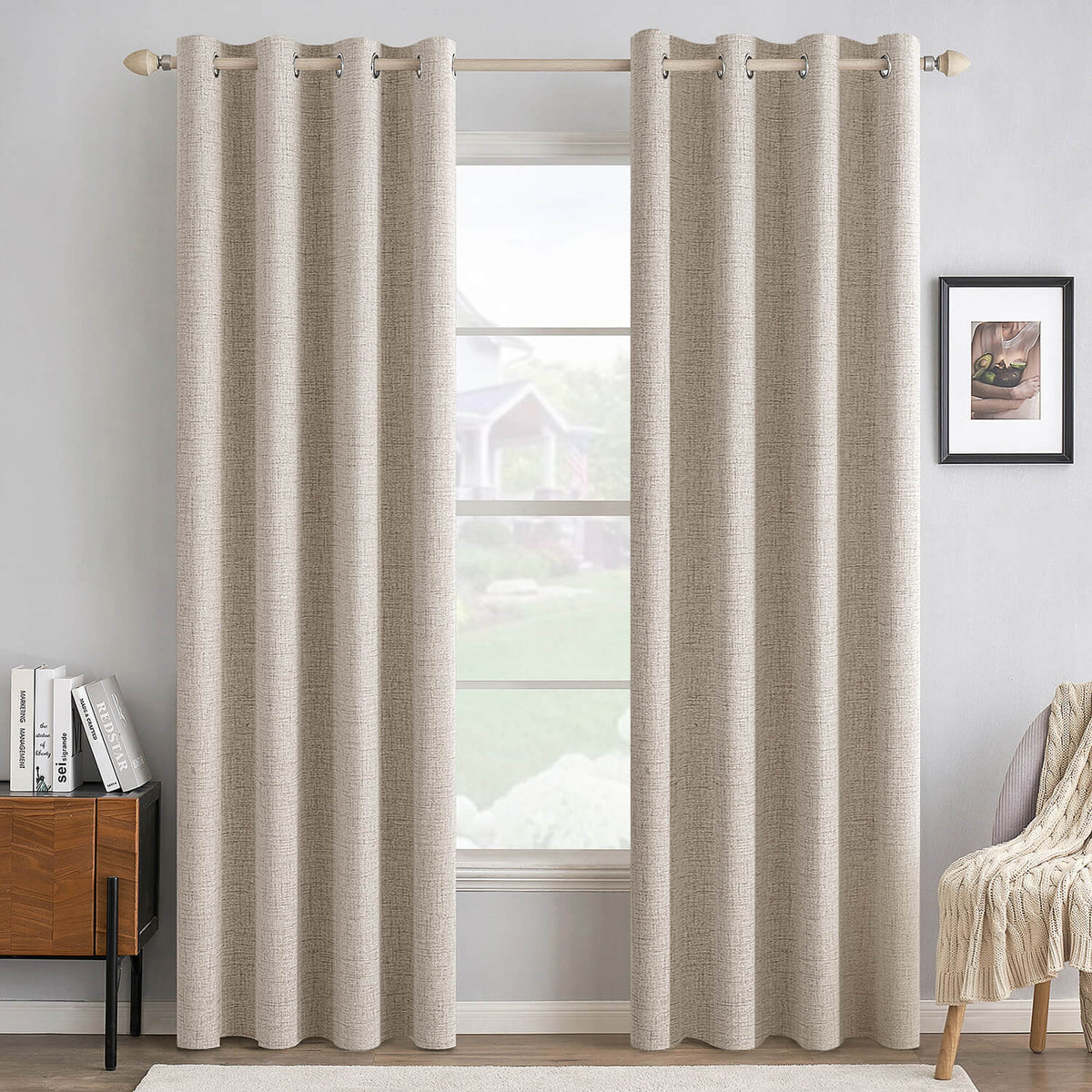 MIULEE 100% Blackout Linen Textured Curtains for Bedroom Solid Thermal Insulated Natural Grommet Room Darkening Curtains & Drapes Luxury Decor for Living Room Nursery 52 x 96 Inch (2 Panels)